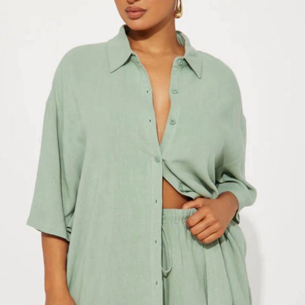 Fashion Nova No Secrets Linen Short Set Sage Two Piece Set Button Up Top Shorts